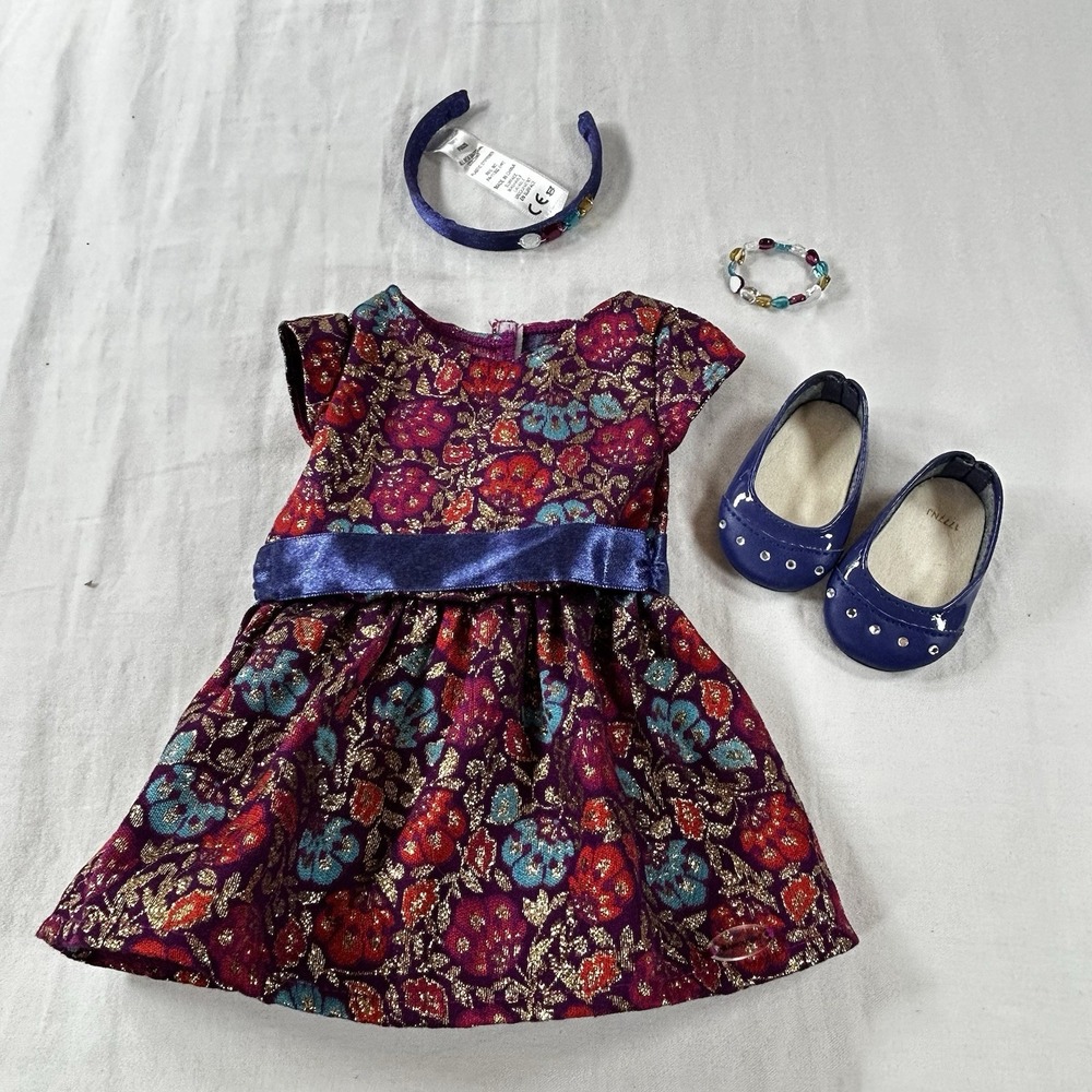 American Girl Truly Me 2017 Dress Purple Brocade Shoes Bracelet Handband Retired